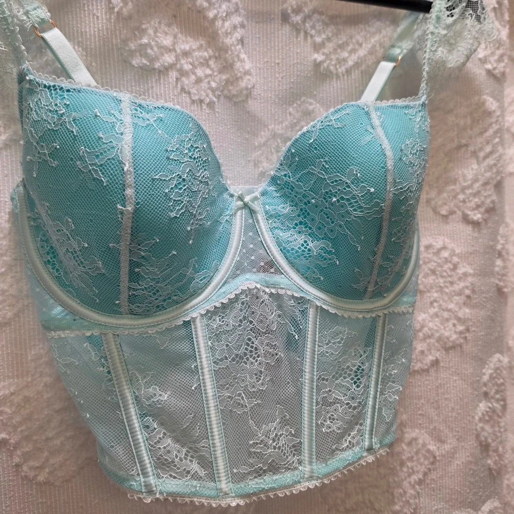 NWT Victorias Secret Dream Angels Lace Corset Top Aqua Blue S-DD‎